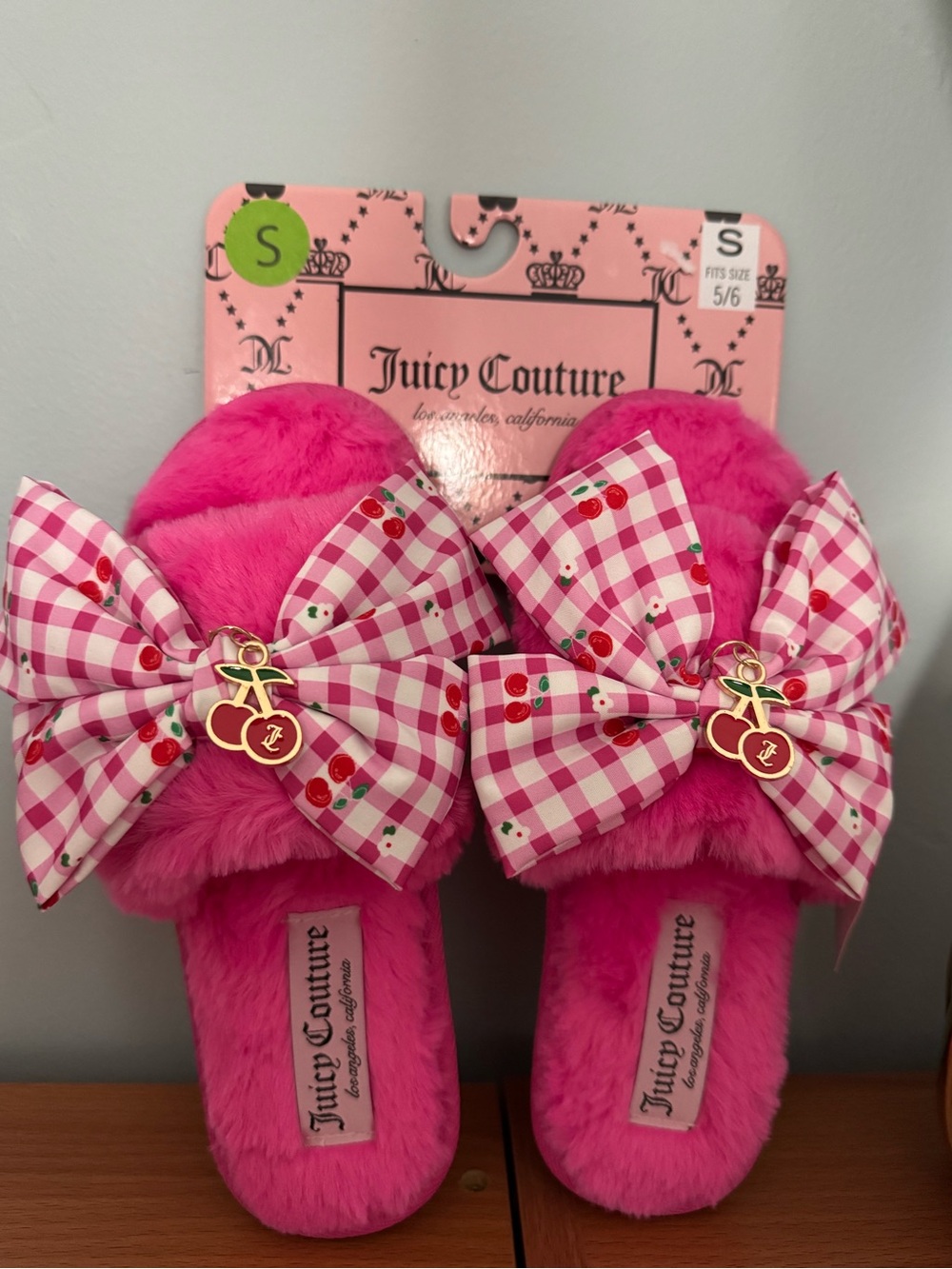 Juicy Couture Wome Hot Pink Plush Slide Slippers with Gingham Bow & Cherry Charm